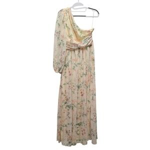 Romantic Cottagecore Floral One Shoulder Flowy Maxi Dress Pastel Cream Pink Sz M